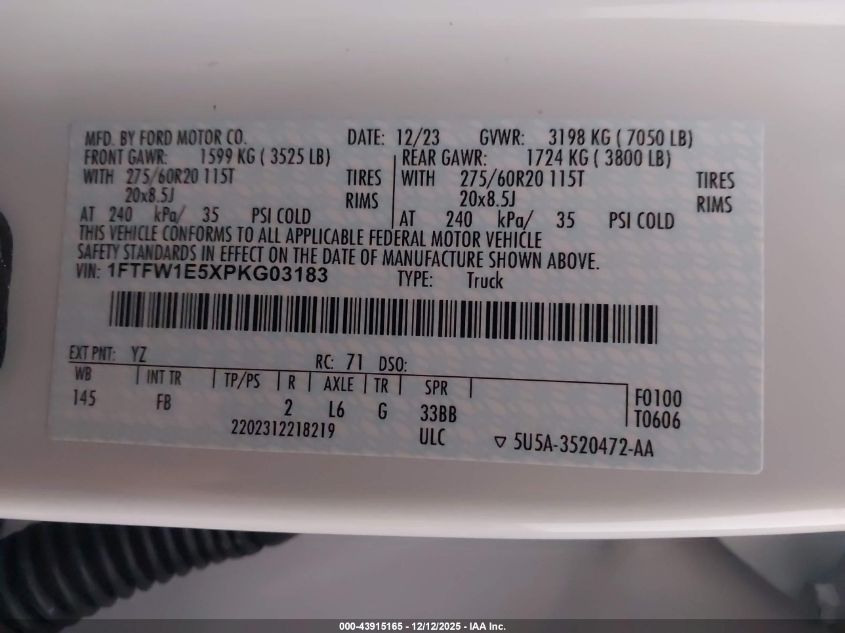 2023 Ford F-150 Xlt VIN: 1FTFW1E5XPKG03183 Lot: 43915165