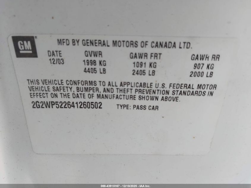 2004 Pontiac Grand Prix Gt1 VIN: 2G2WP522641260502 Lot: 43915167