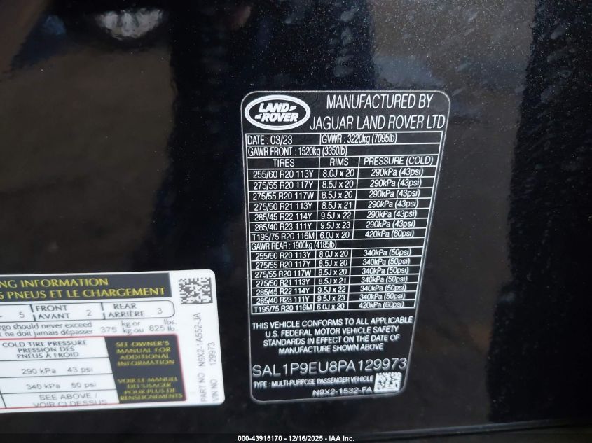 2023 Land Rover Range Rover Sport Se VIN: SAL1P9EU8PA129973 Lot: 43915170