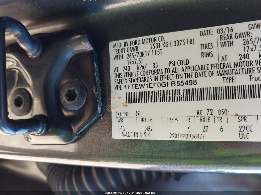 2016 Ford F-150 Xlt VIN: 1FTEW1EF0GFB55498 Lot: 43915173