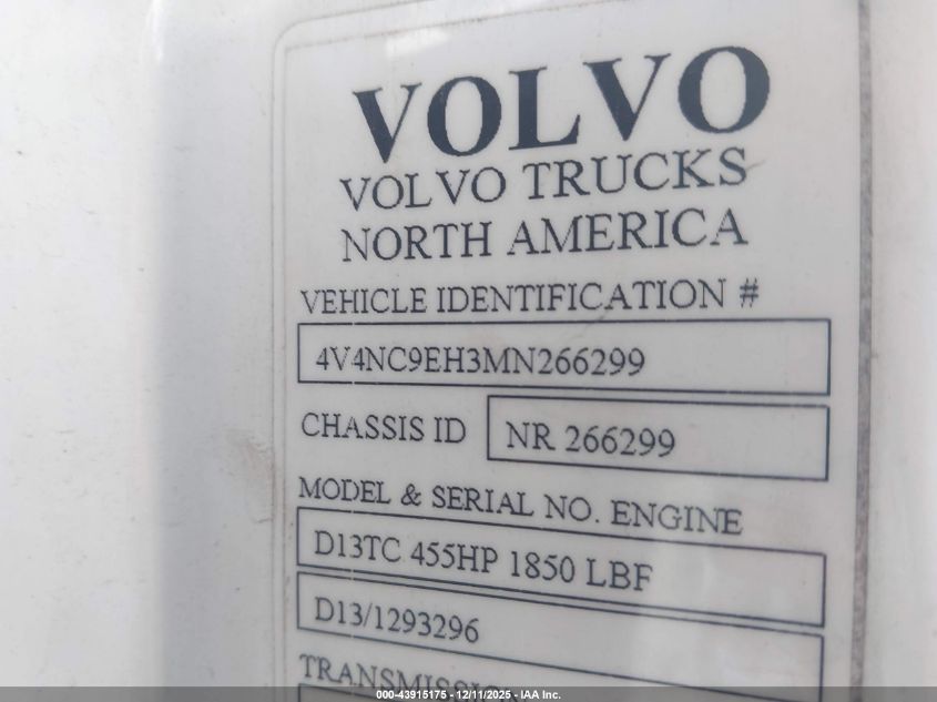 2021 Volvo Vnl VIN: 4V4NC9EH3MN266299 Lot: 43915175