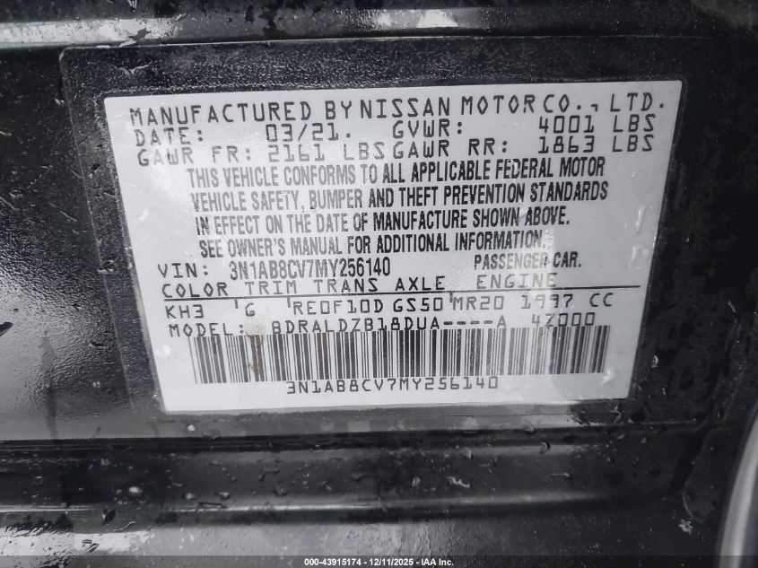 2021 Nissan Sentra Sv Xtronic Cvt VIN: 3N1AB8CV7MY256140 Lot: 43915174