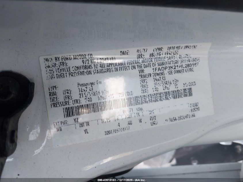 2017 Ford Focus Se VIN: 1FADP3K21HL280167 Lot: 43915183