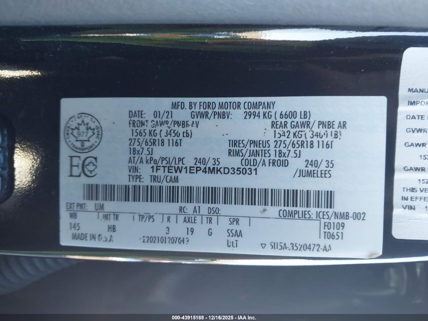 2021 Ford F-150 Lariat VIN: 1FTEW1EP4MKD35031 Lot: 43915188