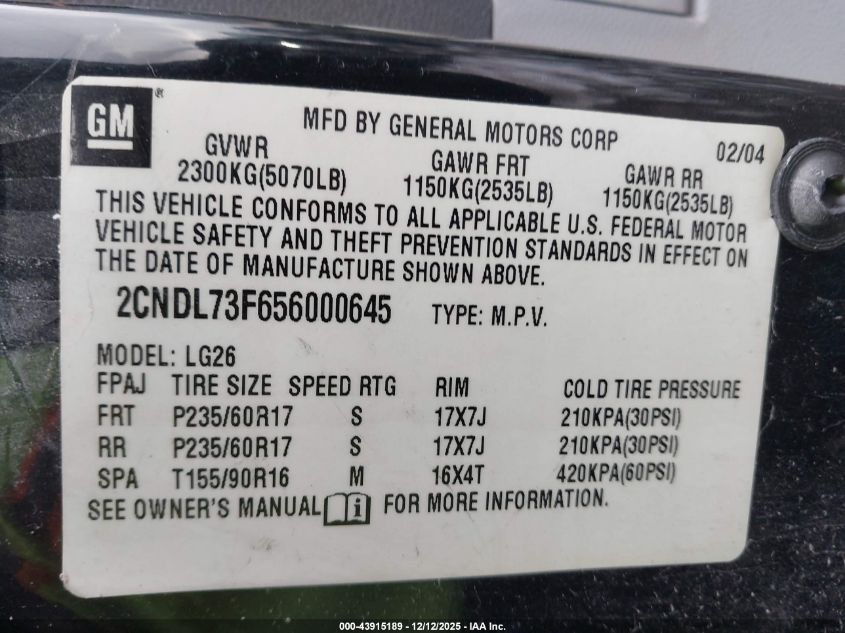 2005 Chevrolet Equinox Lt VIN: 2CNDL73F656000645 Lot: 43915189