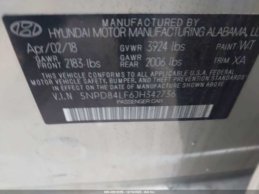 2018 Hyundai Elantra Sel VIN: 5NPD84LF6JH342736 Lot: 43915195