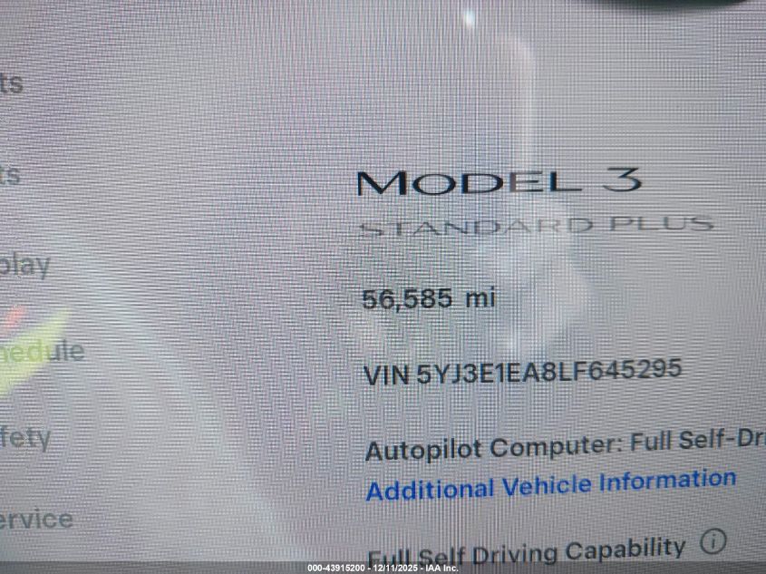 2020 Tesla Model 3 Standard Range Plus Rear-Wheel Drive/Standard Range Rear-Wheel Drive VIN: 5YJ3E1EA8LF645295 Lot: 43915200
