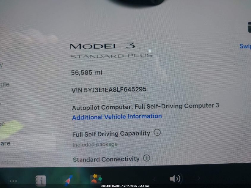 2020 Tesla Model 3 Standard Range Plus Rear-Wheel Drive/Standard Range Rear-Wheel Drive VIN: 5YJ3E1EA8LF645295 Lot: 43915200