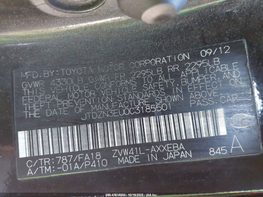 2012 Toyota Prius V Two VIN: JTDZN3EU0C3185501 Lot: 43915203