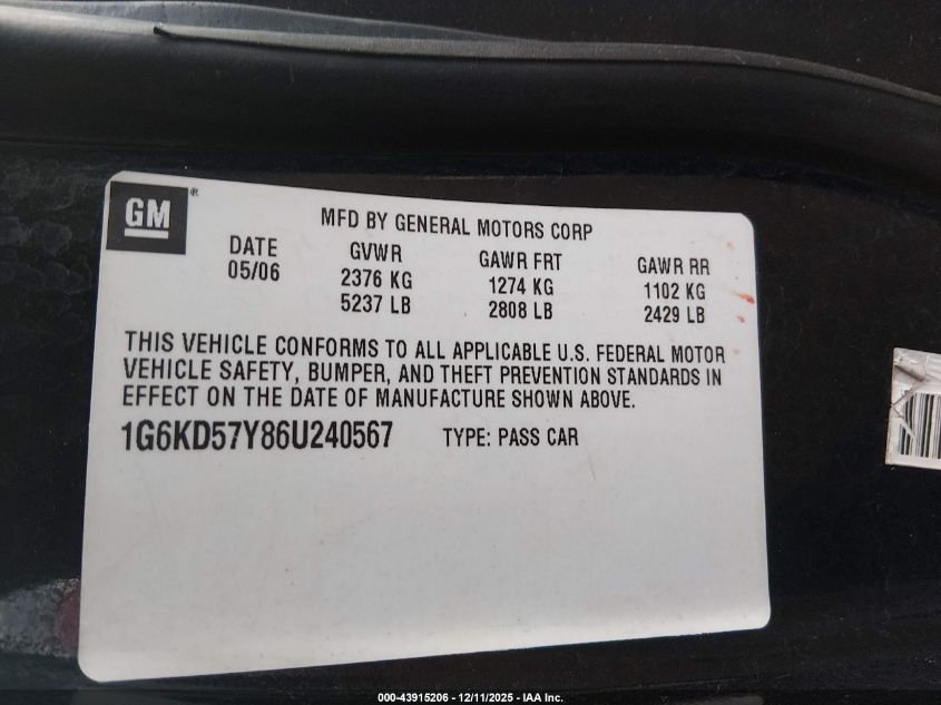 2006 Cadillac Dts Standard VIN: 1G6KD57Y86U240567 Lot: 43915206