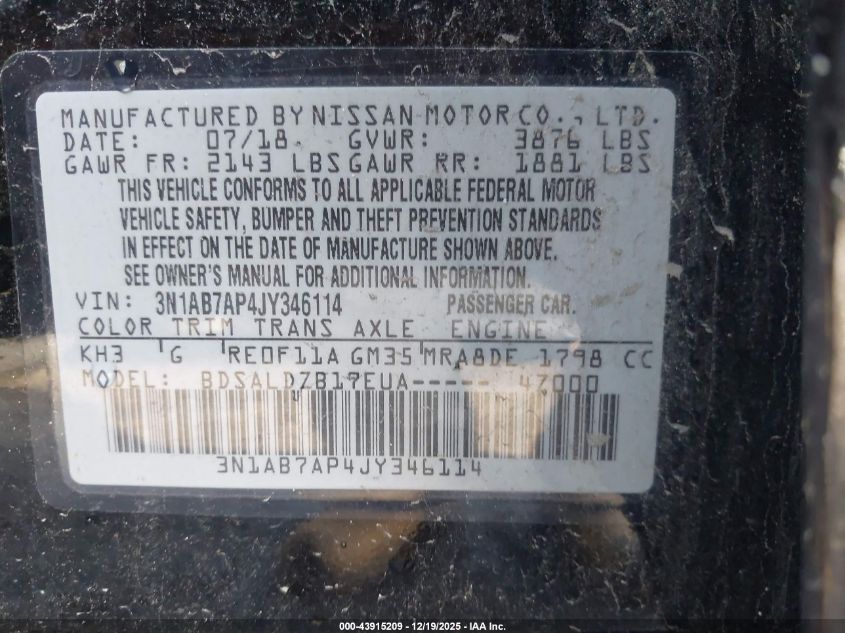 2018 Nissan Sentra Sv VIN: 3N1AB7AP4JY346114 Lot: 43915209