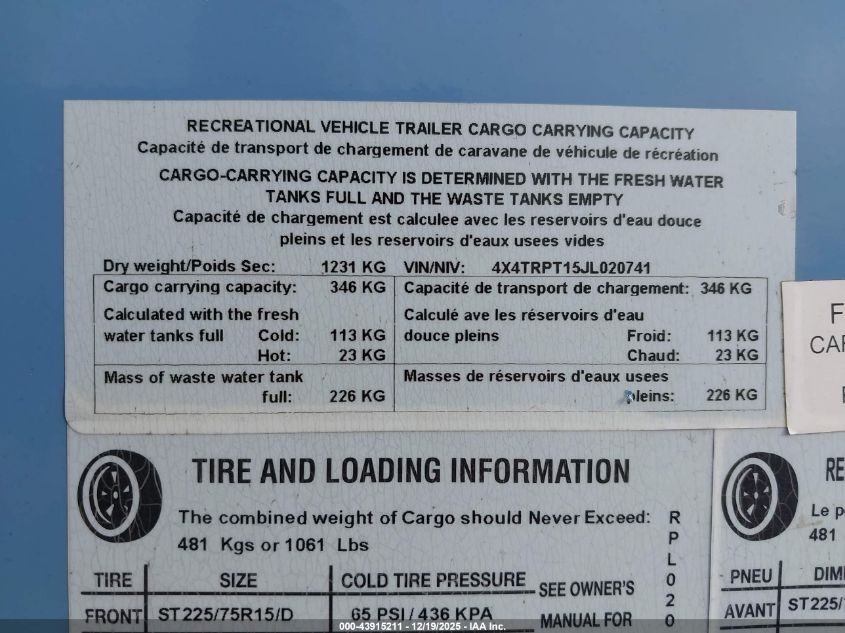 2018 Forest River Travel Trailer VIN: 4X4TRPT15JL020741 Lot: 43915211