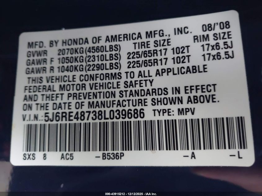 2008 Honda Cr-V Ex-L VIN: 5J6RE48738L039686 Lot: 43915212