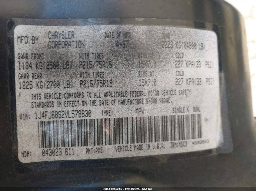 1997 Jeep Cherokee Sport VIN: 1J4FJ68S2VL578830 Lot: 43915215