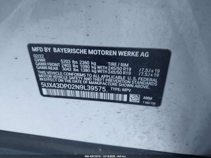 2022 BMW X3 Sdrive30I VIN: 5UX43DP02N9L39575 Lot: 43915218