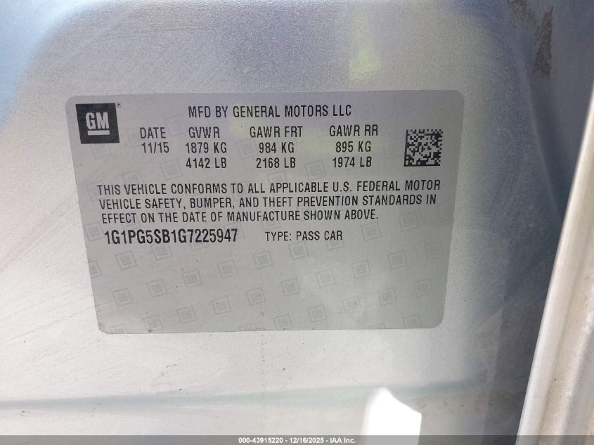 2016 Chevrolet Cruze Limited Ltz Auto VIN: 1G1PG5SB1G7225947 Lot: 43915220