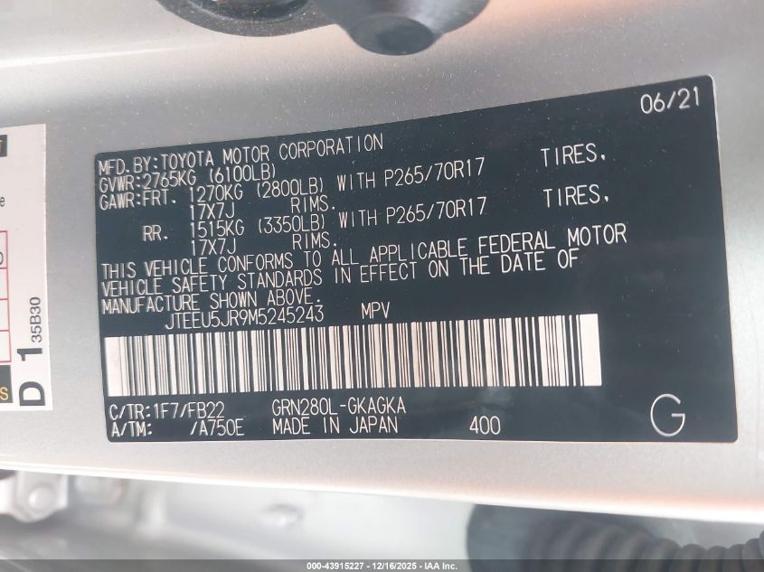 2021 Toyota 4Runner Sr5 VIN: JTEEU5JR9M5245243 Lot: 43915227