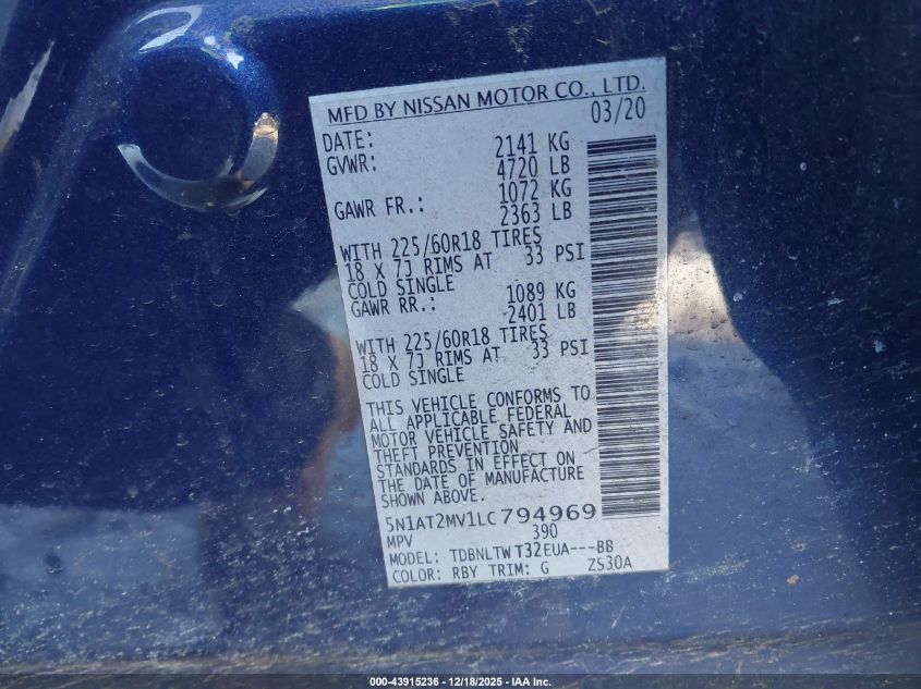 2020 Nissan Rogue Sv Intelligent Awd VIN: 5N1AT2MV1LC794969 Lot: 43915236