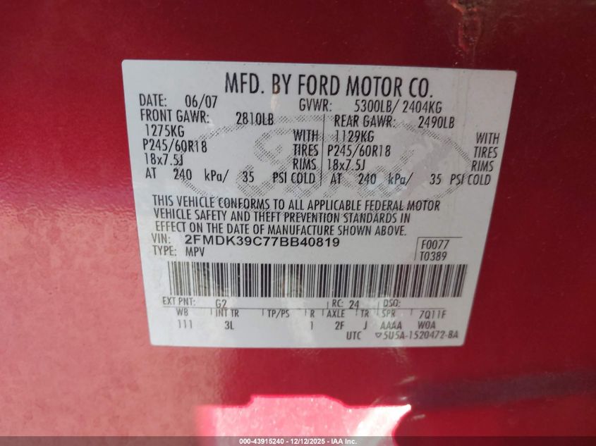 2007 Ford Edge Sel Plus VIN: 2FMDK39C77BB40819 Lot: 43915240
