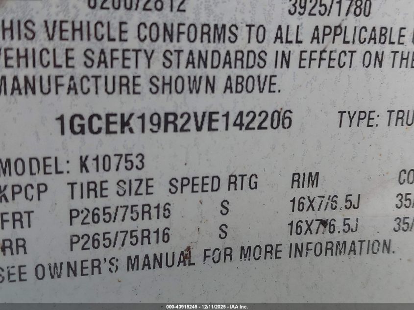 1997 Chevrolet K1500 Fleetside VIN: 1GCEK19R2VE142206 Lot: 43915245