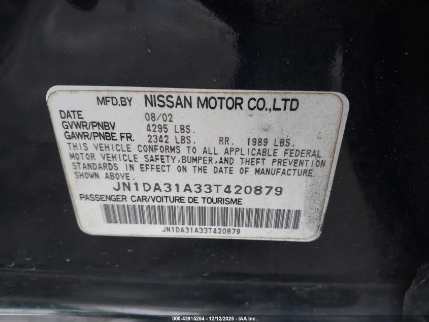2003 Nissan Maxima Gle VIN: JN1DA31A33T420879 Lot: 43915254
