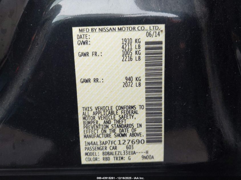 2015 Nissan Altima 2.5 S VIN: 1N4AL3AP7FC127690 Lot: 43915261