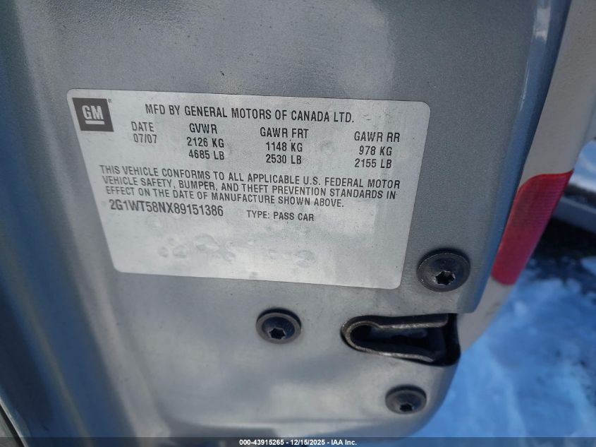 2008 Chevrolet Impala Lt VIN: 2G1WT58NX89151386 Lot: 43915265