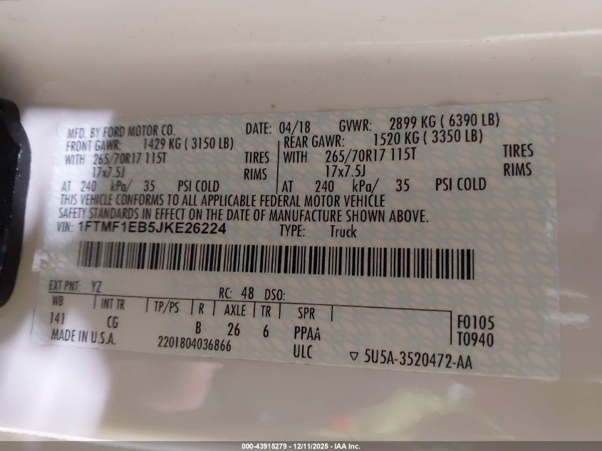 2018 Ford F-150 Xl VIN: 1FTMF1EB5JKE26224 Lot: 43915279