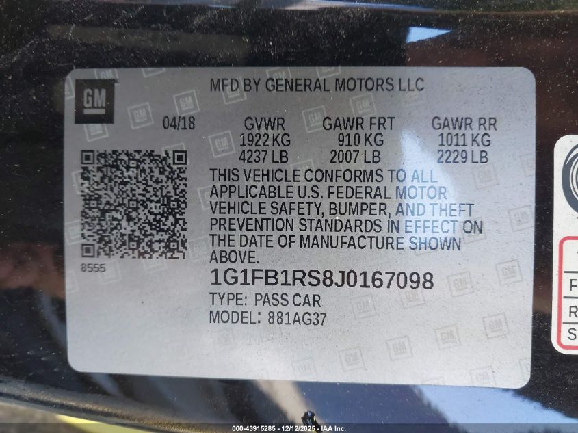 2018 Chevrolet Camaro 1Lt VIN: 1G1FB1RS8J0167098 Lot: 43915285