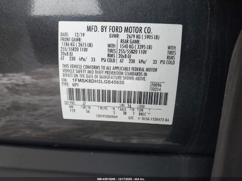 2020 Ford Explorer Xlt VIN: 1FMSK8DH3LGB45655 Lot: 43915290