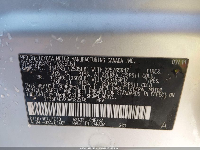 2011 Toyota Rav4 VIN: 2T3BF4DVXBW132248 Lot: 43915292