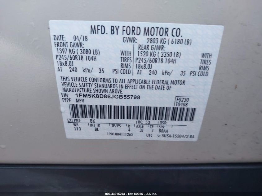 2018 Ford Explorer Xlt VIN: 1FM5K8D86JGB55798 Lot: 43915293