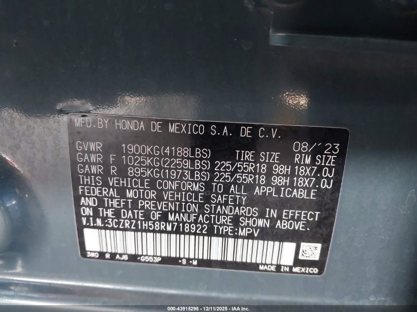 2024 Honda Hr-V 2Wd Sport/2Wd Sport W/O Bsi VIN: 3CZRZ1H58RM718922 Lot: 43915298