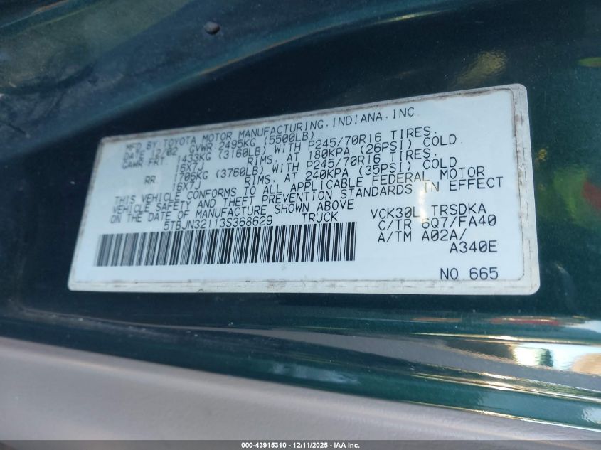 2003 Toyota Tundra VIN: 5TBJN32113S368629 Lot: 43915310