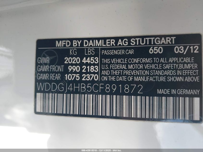 2012 Mercedes-Benz C 250 VIN: WDDGJ4HB5CF891872 Lot: 43915318