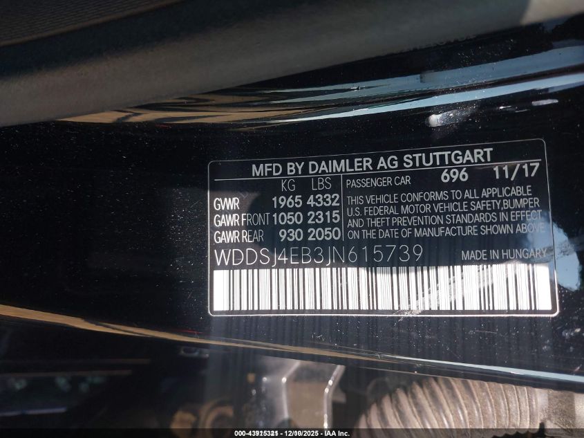 2018 Mercedes-Benz Cla 250 VIN: WDDSJ4EB3JN615739 Lot: 43915321