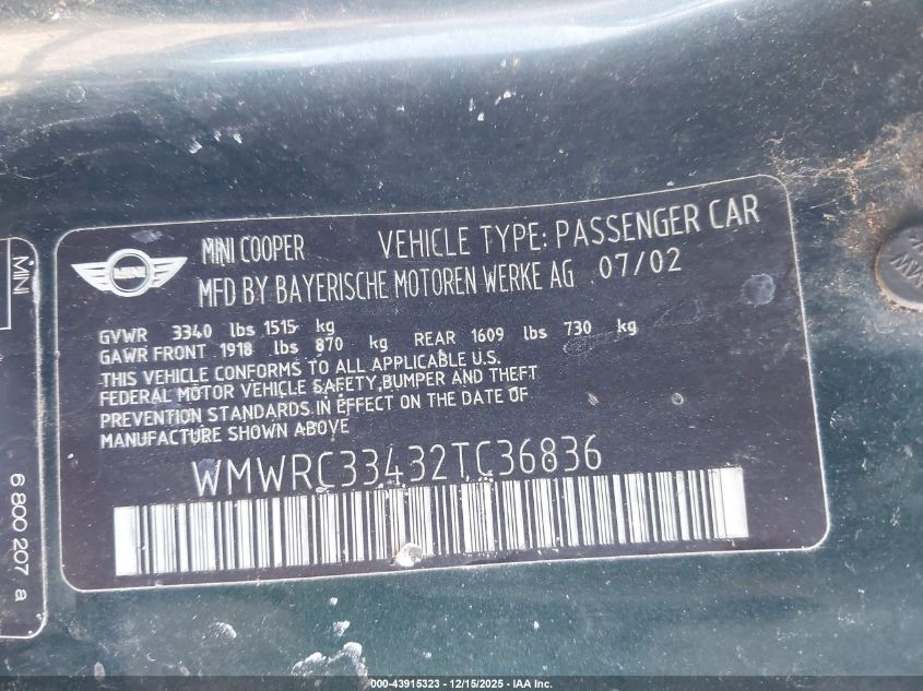 2002 Mini Cooper VIN: WMWRC33432TC36836 Lot: 43915323