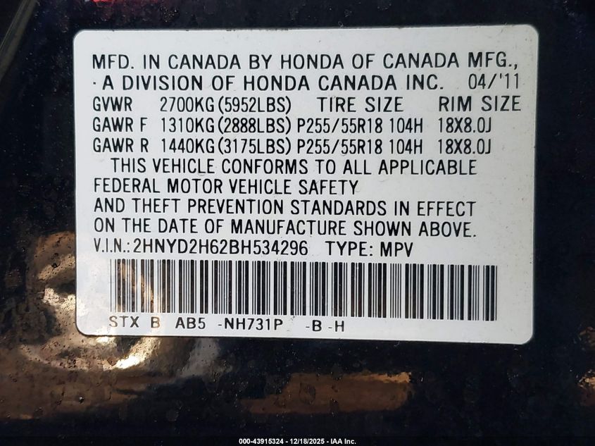 2011 Acura Mdx Technology Package VIN: 2HNYD2H62BH534296 Lot: 43915324