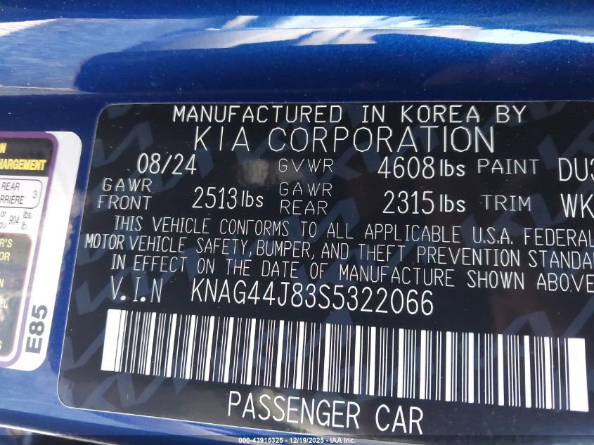 2025 Kia K5 Gt VIN: KNAG44J83S5322066 Lot: 43915325