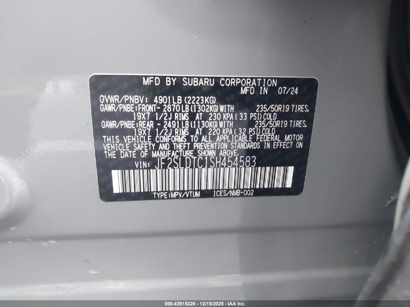 2025 Subaru Forester Touring VIN: JF2SLDTC1SH454583 Lot: 43915326