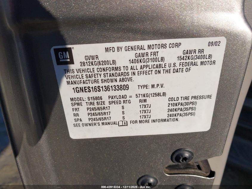 2003 Chevrolet Trailblazer Ext Lt VIN: 1GNES16S136133809 Lot: 43915334