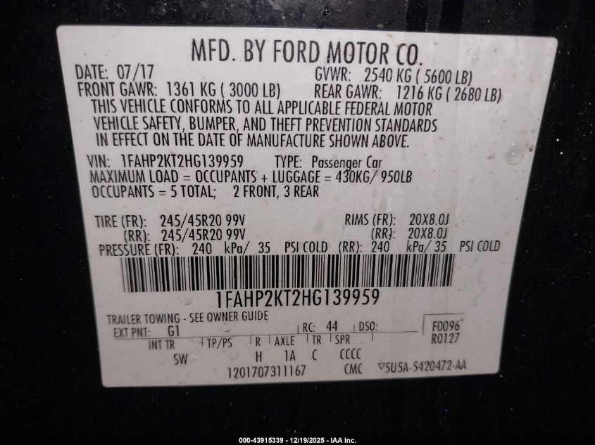 2017 Ford Taurus Sho VIN: 1FAHP2KT2HG139959 Lot: 43915339