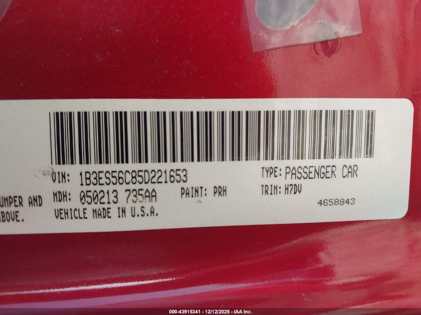 2005 Dodge Neon Sxt VIN: 1B3ES56C85D221653 Lot: 43915341