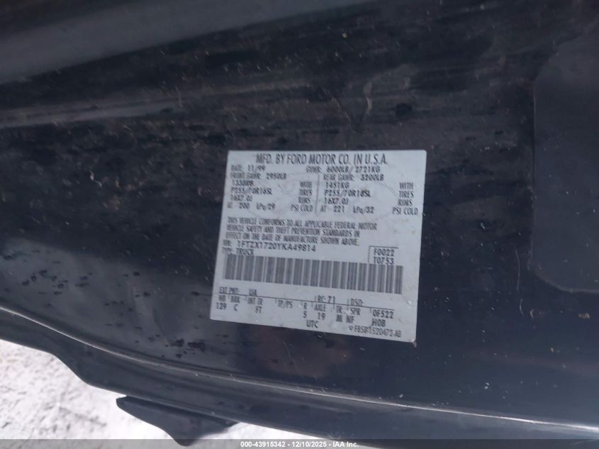 2000 Ford F-150 Work Series/Xl/Xlt VIN: 1FTZX1720YKA49814 Lot: 43915342