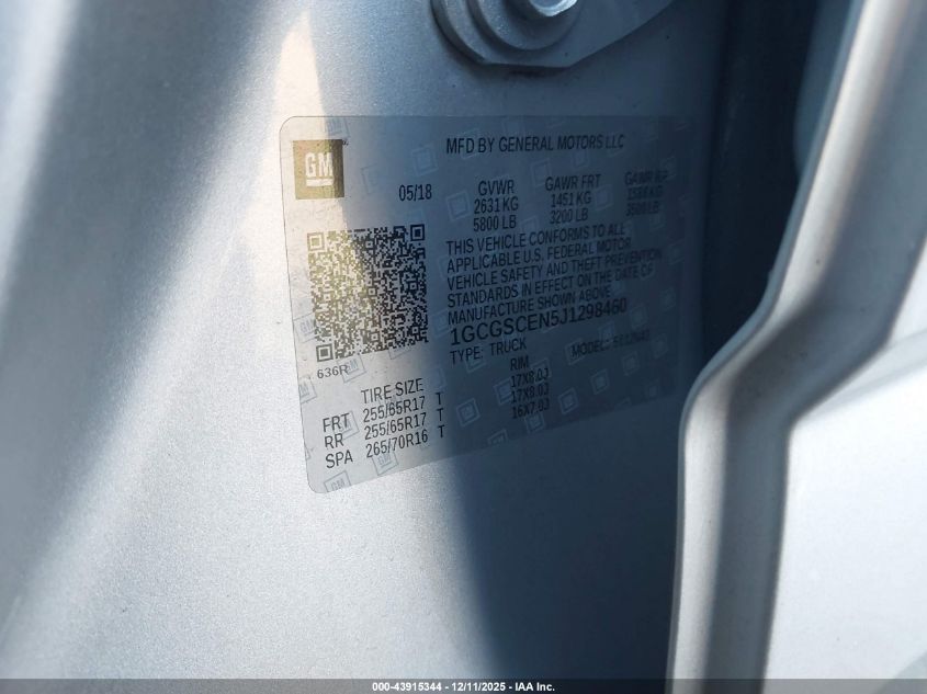 2018 Chevrolet Colorado Lt VIN: 1GCGSCEN5J1298460 Lot: 43915344