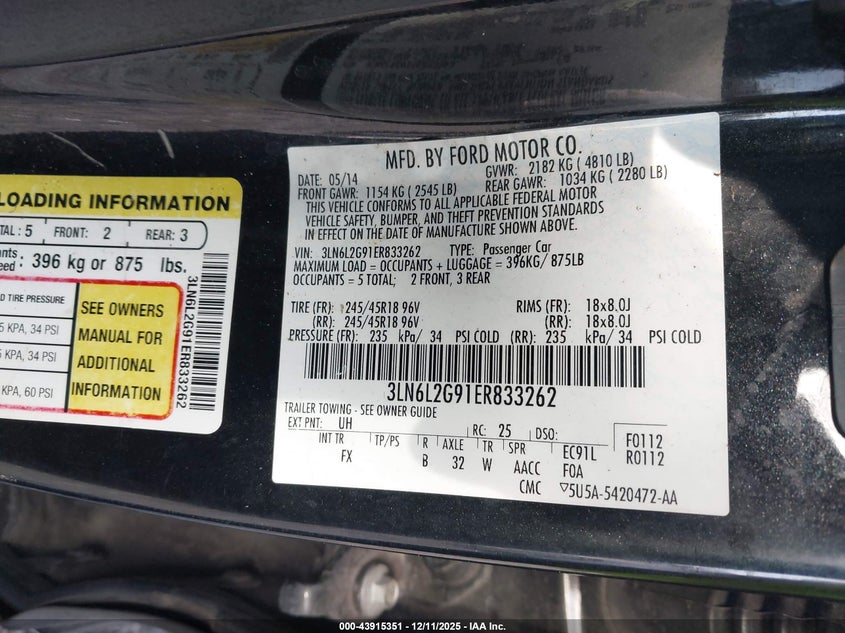 3LN6L2G91ER833262 2014 LINCOLN MKZ photo no. 9