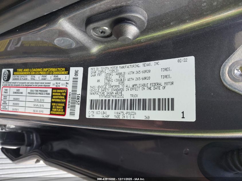 2022 Toyota Tundra 1794 Edition VIN: 5TFMA5DB7NX012152 Lot: 43915350