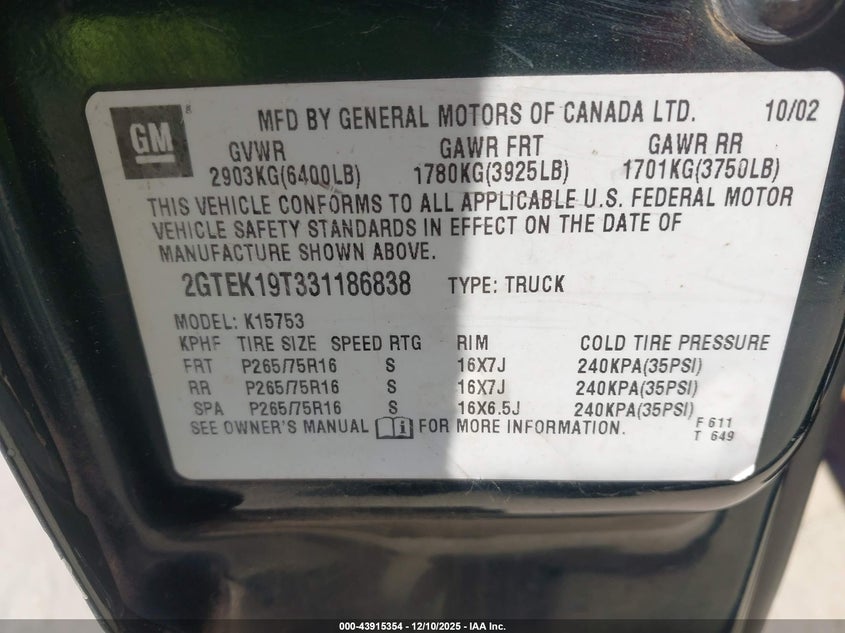 2GTEK19T331186838 2003 GMC SIERRA photo no. 9