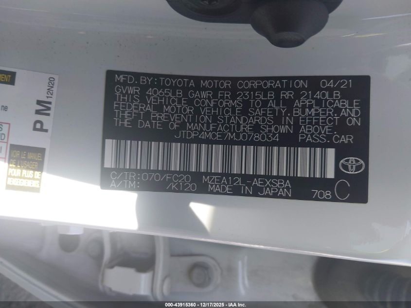 2021 Toyota Corolla Se VIN: JTDP4MCE7MJ078034 Lot: 43915360