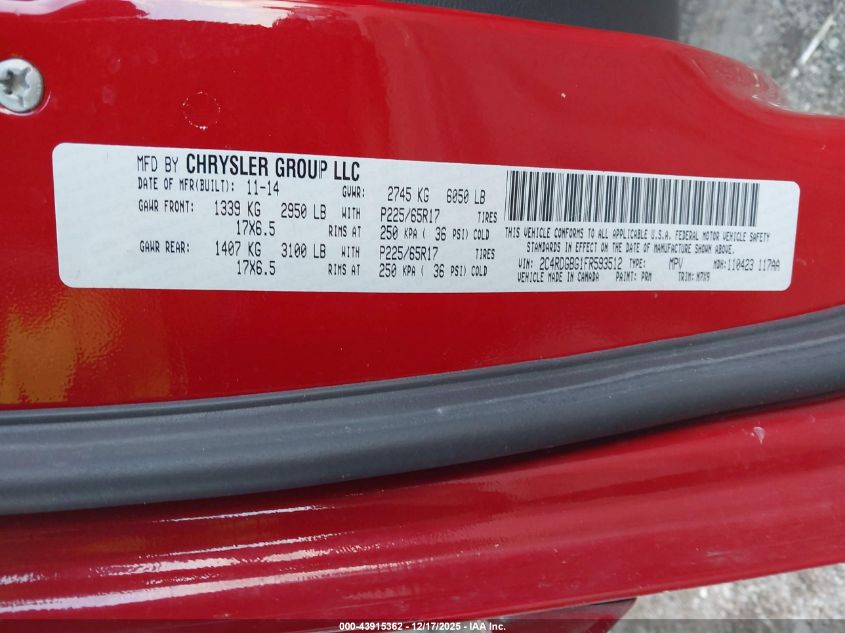 2015 Dodge Grand Caravan Se VIN: 2C4RDGBG1FR593512 Lot: 43915362